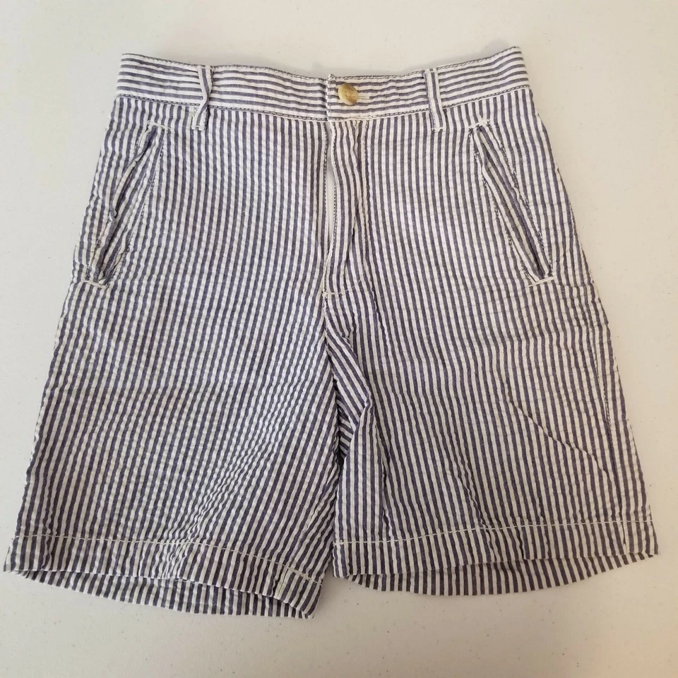 Pantalones Cortos Kitestrings 7 Niño Azul Blanco Rayas Seersucker Cremallera y lengüeta Frente Plano Foto 1 de 4