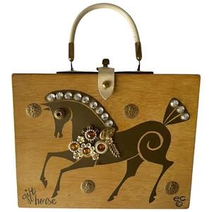Enid Collins Texas regalo cavallo borsetta scatola borsa impreziosita marrone specchio 1963 legno - Foto 1 di 16