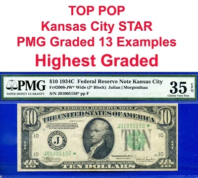 1934C $10 Federal Reserve Note PMG 35EPQ top pop Kansas City star Fr 2008-JW* - Image 1 of 4