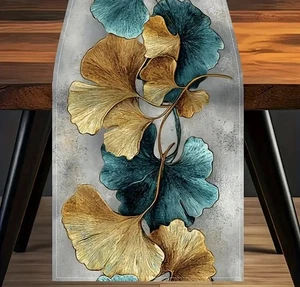 Ginkgo Leaf Table Runner Teal & Gold Matching Items Available - Picture 1 of 4