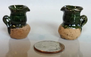 2 Vtg Green 1:12 Miniature Pitchers Terracotta Clay Handmade Mexican Primitive - Picture 1 of 4