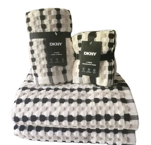 DKNY Maya Towel Set Bath, Hand, Wash Clothes 8pc Set Black White Tan 100% Cotton - Picture 1 of 9