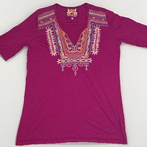 Camiseta túnica de algodón Johnny Was granate bordada ranura en V cuello S pequeña - Imagen 1 de 6