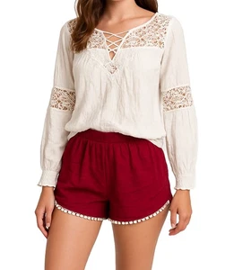 Hollister Crochet NEW Shorts M Top sz L Two 2 Pc Outfit Red Off White Knit Soft - Picture 1 of 3