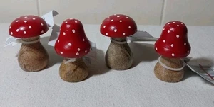Mini Wooden Mushroom Decoration Pack Lot Of 4 Miniature 2" Red White Dots NEW - Picture 1 of 12