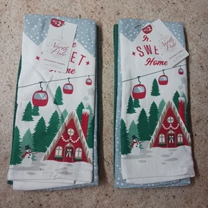 North Pole Kitchen Towels Winter Snowman Ski Chalet  100% Cotton Set Of 4 (B) - Picture 1 of 3