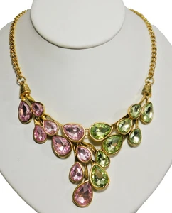 Vintage Rose Pink & Peridot Green Glass Teardrop Leaf Cluster Statement Necklace - Picture 1 of 7