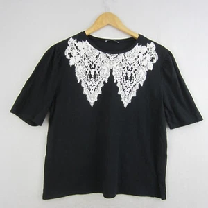 Zara Top Womens Large 14 Black White Lace Print Tee Shirt T-Shirt Stretch Casual - Picture 1 of 15