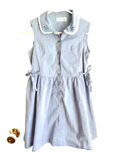 YSL Yves Saint Laurent Girls Dress 140 6/7 Blue Embroidered Collar Side Tie LOGO - Picture 1 of 6
