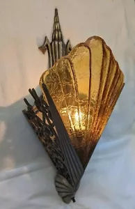 Art Deco Slip Shade Sconce by MID-WEST, Crackle Glass, Bronze-Rewired-EXCELLENT - Picture 1 of 14