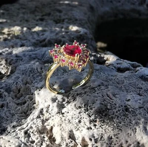 Herz Ring 585 Gold 14K vergoldet mit Rubin roten Zirkon verstellbar  - Bild 1 von 2