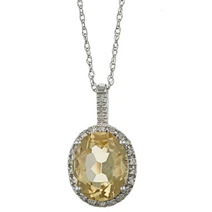 Collana con ciondolo in oro bianco 10 kt 3,6 ct ovale citrino e diamanti - Foto 1 di 6