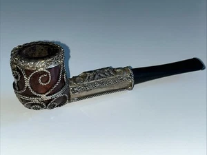 Vintage Briar Wood Silver Tone White Metal Filigree Mount Estate Pipe - Picture 1 of 24