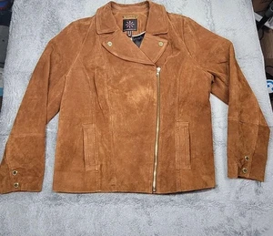 Isaac Mizrahi Live Jacket Womens 16 Brown Suede Leather Moto Floral Lined Zip Up - Picture 1 of 12