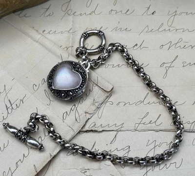 Sterling Bracelet Puffy Heart Locket Mother Of Pearl 7” Chain Toggle - Image 1 of 4