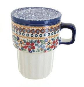 Blue Rose Polish Pottery Red Daisy Large Mug with Lid - Picture 1 of 2
