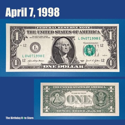 April 7, 1998 Birthday Anniversary $1 One Dollar Bill Serial Number 04071998 - Image 1 of 2