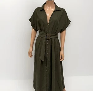 ZARA Military Green Midi Dress Size XL V-Neck Linen Belted Buttons - Picture 1 of 11
