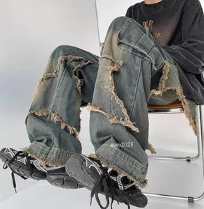 Men's Retro Blue Denim Jeans Straight Leg Casual Punk Hip Hip Stars Patch Pants - Picture 1 of 22