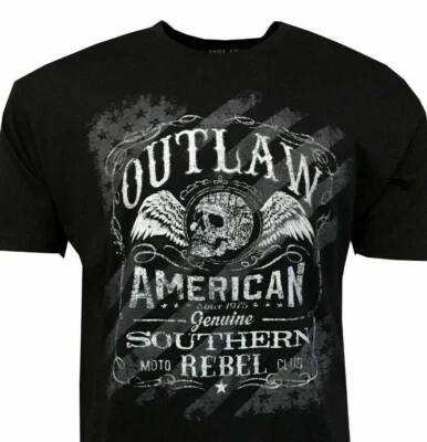 Camiseta Masculina Outlaw Southern Rebel - American Moto Club - Skull-Wings Preta - Imagem 1 de 4