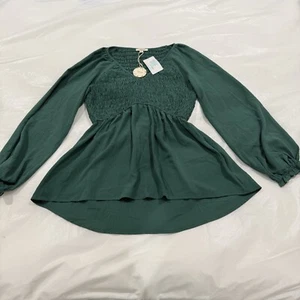 NWT- Women's Oddi Size M Long Ruffle Sleeved Smocked Dark Jade V-Neck Blouse - Picture 1 of 8