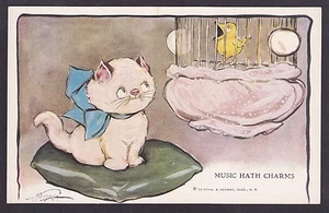 Circa 1915 Vintage Postcard Music Hath Charms Kitten & Caged Bird -Wiederseim - Picture 1 of 2