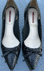 Prada Womens Shoes Woven Bow Wedge Raffia Heel Black Sz 40 Italy  - Picture 1 of 7