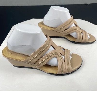 Softspots Women's size 9.5 W Beige Slip On Leather Wedge Sandals Open Toe - Image 1 of 4