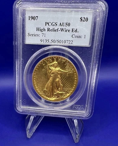 1907 Saint-Gaudens Gold $20 High Relief - Wire Edge PCGS AU50 Key Date Cover