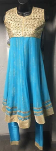 Salwar Kameez Indian 2 Piece Turquoise Gold Embroidered Sleeveless Sz 30 XS - Picture 1 of 12