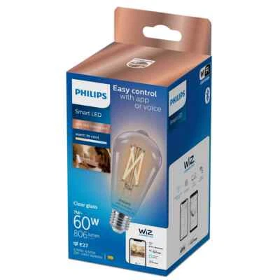 PHILIPS SMART LED WARM TO COOL 60W 806LUMEN E27 CLEAR GLASS WIZ CONNECTED E - Immagine 1 di 2