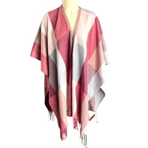 Giacca poncho Woolrich a quadri poliestere pile scialle mantello frange taglia unica - Foto 1 di 4