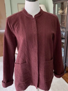 Eileen Fisher Crinkled, Organic Cotton, Mandarin Collar Jacket in Burgundy S/P - Picture 1 of 5