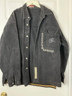 Brooklyn Express Jacket Black Denim Med Wash Logo Collared Buttons Pockets Sz L - Image 1 of 4