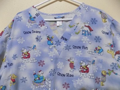 CHRISTMAS / Medical/ SCRUB TOP (3X/4XL) Polar Bears/Snow Fun/Snow Man/Good Cond. - Image 1 of 4
