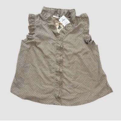 Easel Sleeveless Button Down Womens Medium Polka Dot Blouse Ruffles Tan White - Image 1 of 4