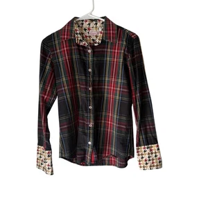 Tizzie Shirt Womens Small Plaid Button Up Long Sleeve Houndstooth Cuffs Collar - Picture 1 of 8
