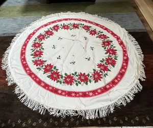 Vintage 50-60er Weihnachten runde schwere Baumwolle Tischdecke 62" Durchmesser Weihnachtsstern Fransen - Bild 1 von 19
