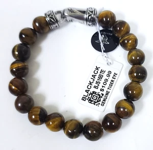 BLACKJACK SILVER TONE,BEADED GENUINE ROUND TIGER EYE STONE BRACELET - Picture 1 of 5