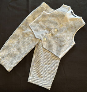 Baby Toddler Boy Seersucker 2-Pc Suit Pants & Vest ~Size 24 mos ~Blue & White