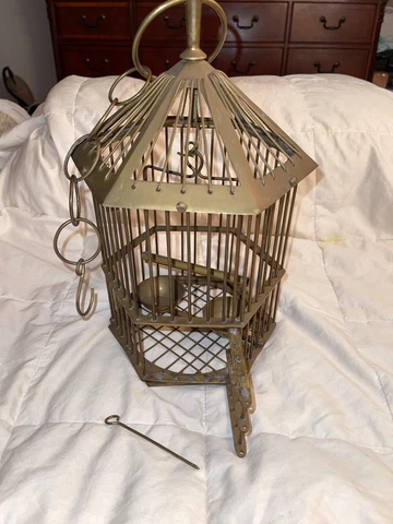 Castilian Vtg Brass Bird Cage Large Heavy Duty Built in Seed Water Perch Swing Cover