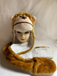 Bufanda sombrero mono de felpa marrón para niños/adolescentes con mitones - Imagen 1 de 4