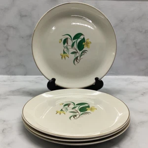 Vintage Salem Starlight DINNER PLATES GOLD TRIM Yellow Flower set of 4 - Picture 1 of 5