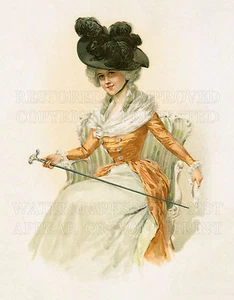 French fashion girl chair cane Victorian Art Nouveau color print 5x7 or digital - Picture 1 of 1