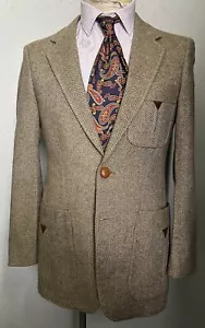 1970s Beige Tweed Herringbone Jacket Vintage Pleated Patch Pockets European 36 S - Picture 1 of 7