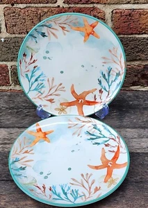 NUOVO 2 PIATTI INSALATA Ceramica Nautica Costiera Corallo Marino Stelle - Foto 1 di 4