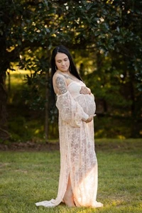 Maternity Lace Off Shoulder Photography Gown Champagne Color Long Sleeve Size L - Picture 1 of 3