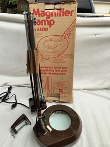 Vintage LEDU Magnifier Lamp Brown Swing Arm Articulating Fluorescent Clamp Desk - Picture 1 of 10