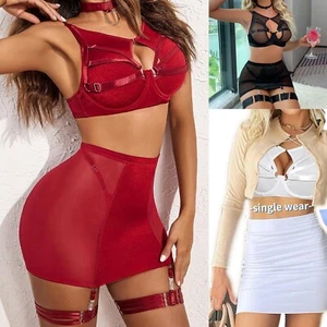 Sexy Women Mesh Sheer 6pc Lingerie Set Bodycon Mini Dress Evening Party Clubwear - Picture 1 of 30