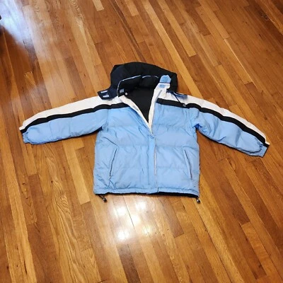 NWOT Cyclone Reversable Puffer Jacket Removable Hood Lite Blue/Black Women's SzL - Image 1 of 4